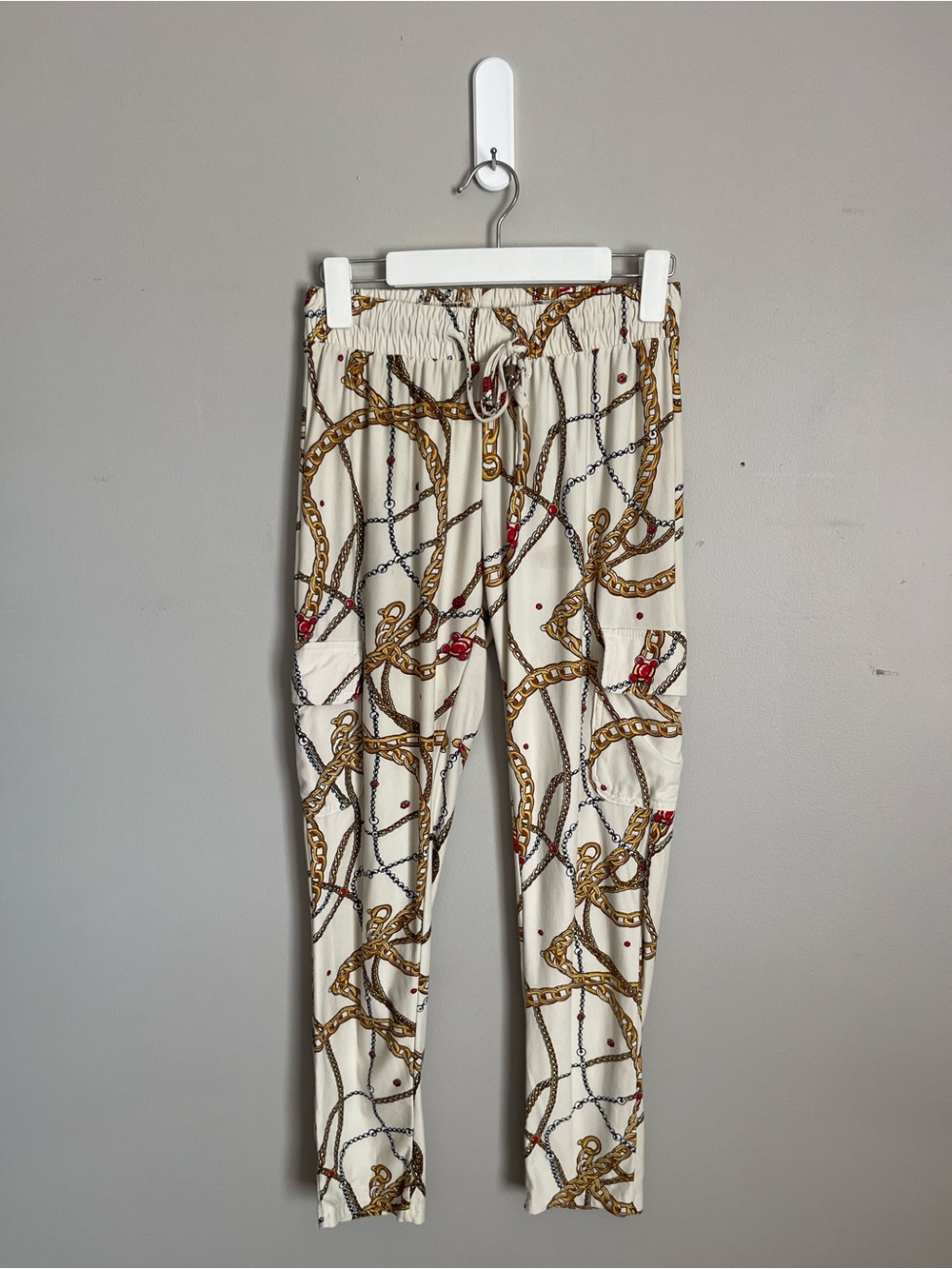 Cream Chain Link Graphic Print Cargo Jogger Pants Sz S